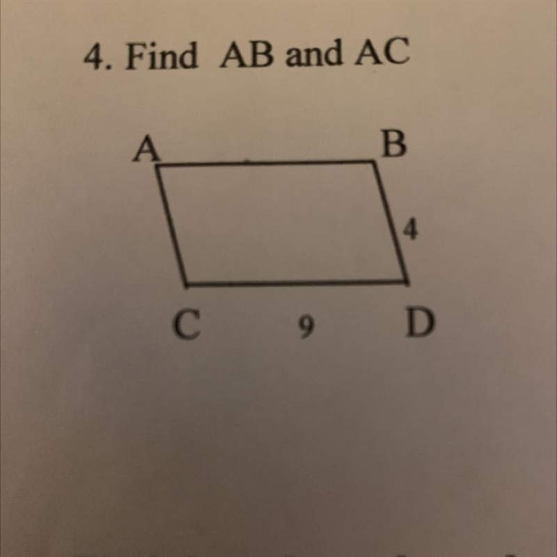 Find the measures in the parallelogram4. Find AB and AC-example-1