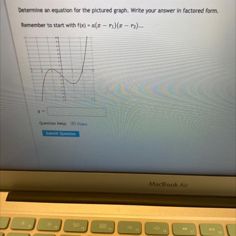 Determine an equation for the pictured graph. Write your answer in factored form.-example-1