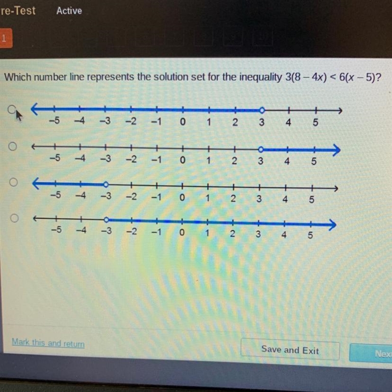 Which number line represents the solution set for the inequality 3(8 - 4x) < 6(x-example-1