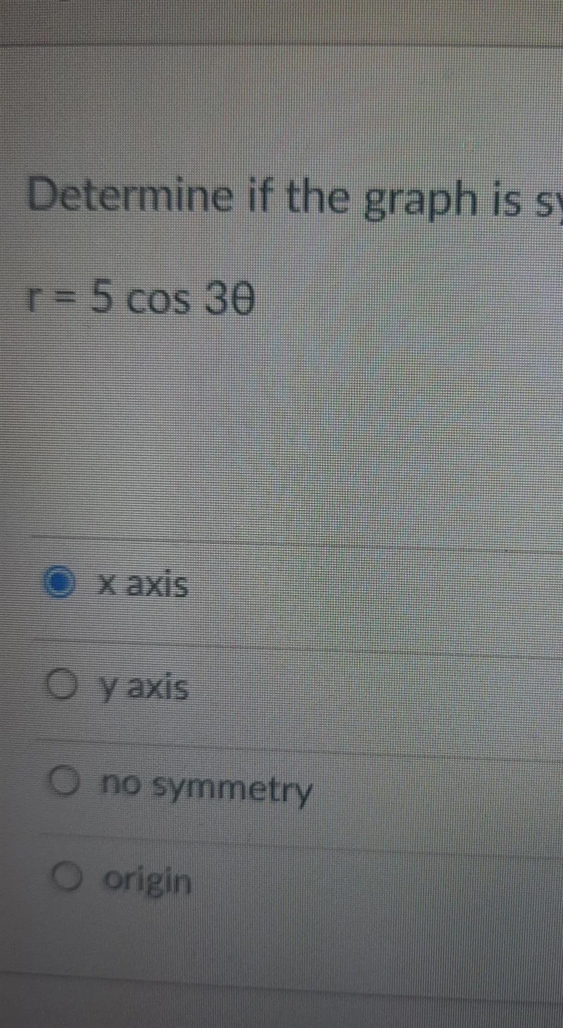 Determine if the graph is symmetric about the x-axis, the y-axis or the originr=5cos-example-1