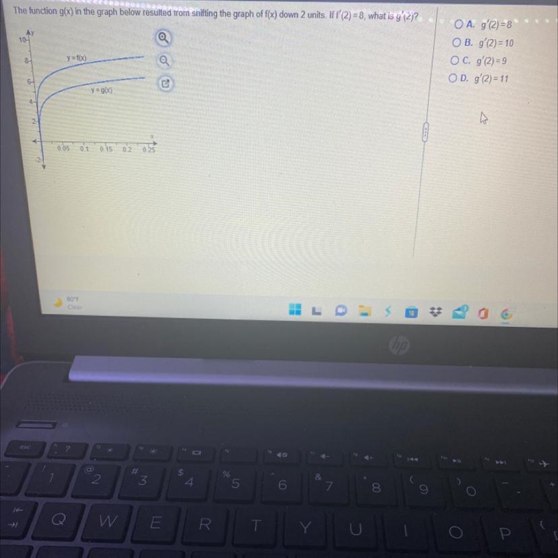 the function g(x) Is the graph below resulted from shifting the graph of f(x) down-example-1