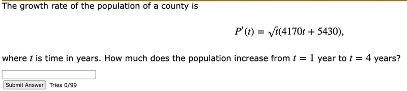 The growth rate of the population of a county isP′(t)=t√(4170t+5430),where t is time-example-1