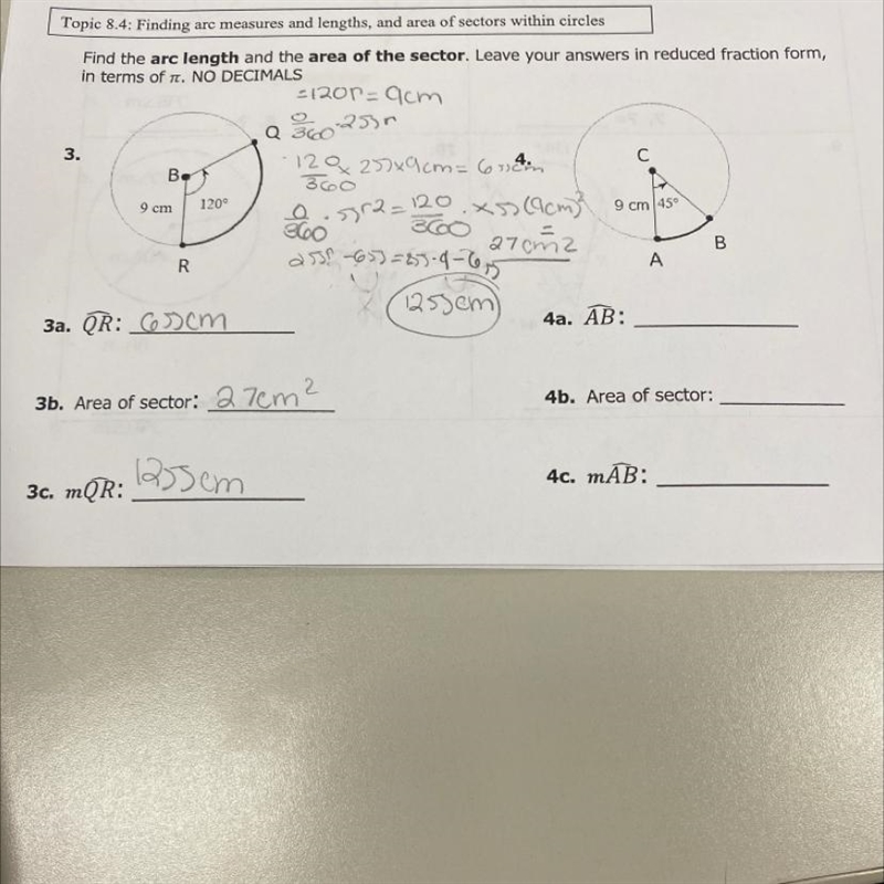 Find the Arc length and the area of the sector. Leave your answer in reduced fraction-example-1