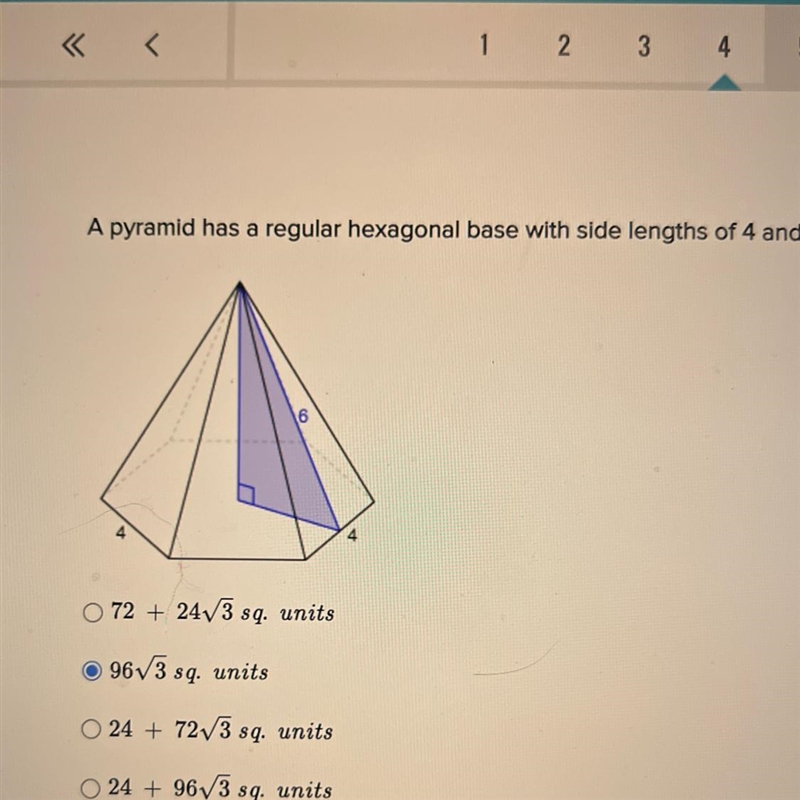 A pyramid has a regular hexagonal base with side lengths of 4 and a slant height of-example-1