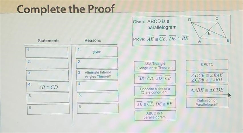 Complete the Proof Statements Reasons given 3. Alternate Interior Angles Theorem AB-example-1