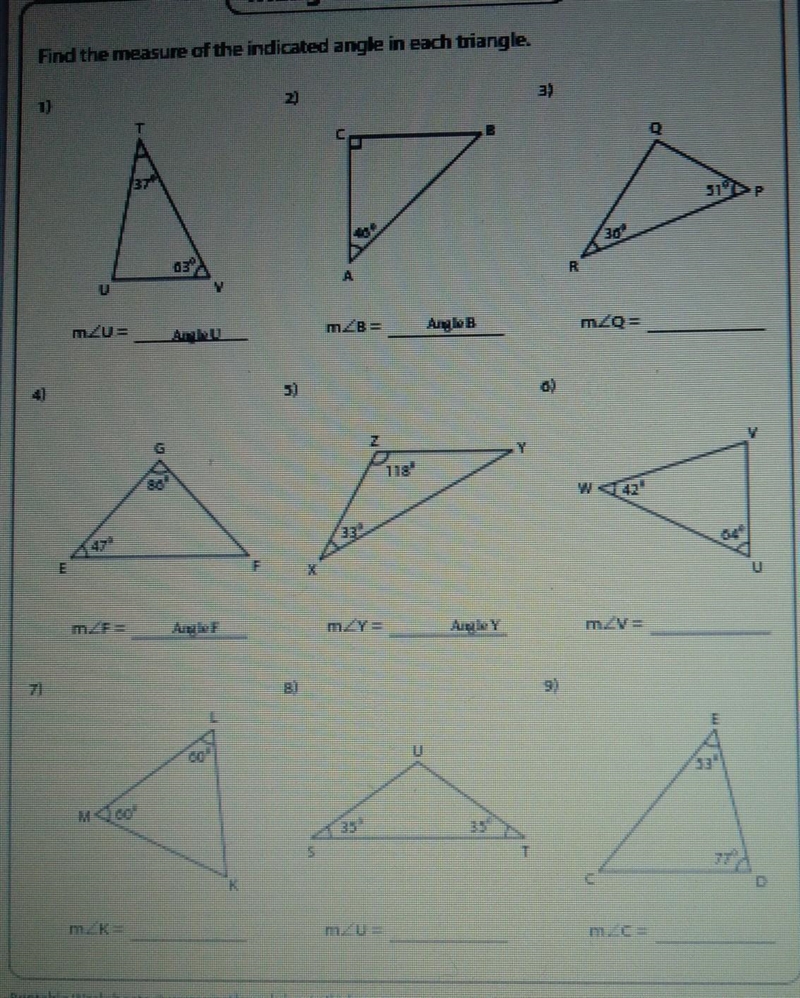 Triangle - Interior Angles Find the measure of the indicated angle in each triangle-example-1