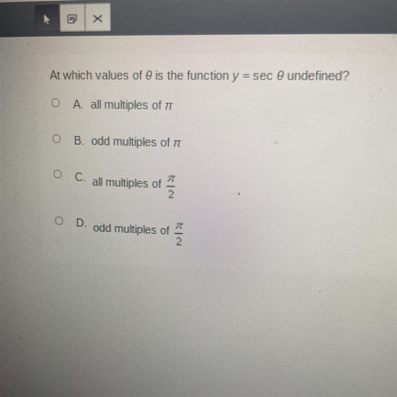 At which values of is the function y = sec theta undefined?-example-1