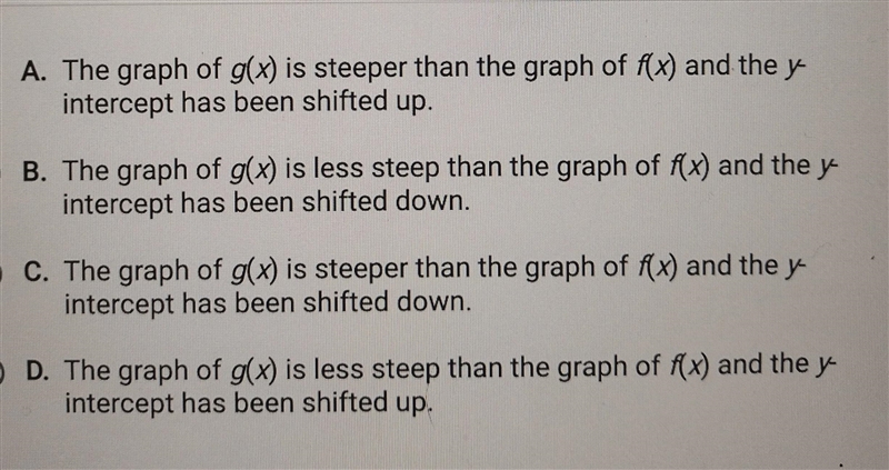 The linear parent function, f(x) = x, is transformed to g(x)=3x-2. Which statement-example-1