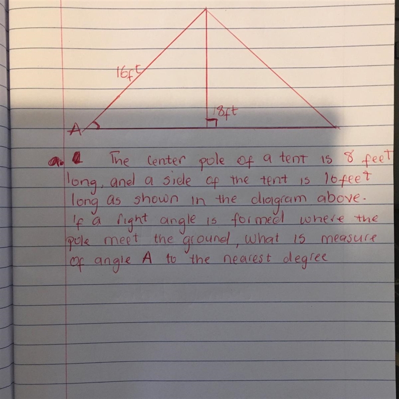 The center pole of a tent is 8 feet long, and a side of the tent is 16 feetlong as-example-1