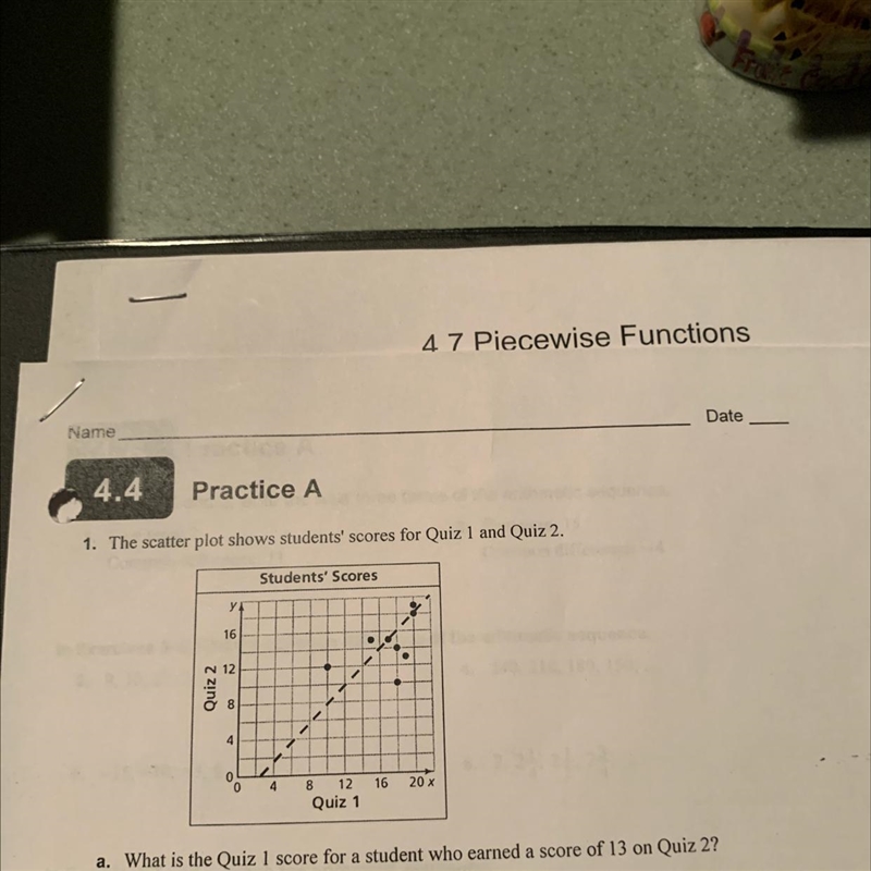 The scatter plot shows students scores for quiz 1 and quiz 2. a. What is the quiz-example-1