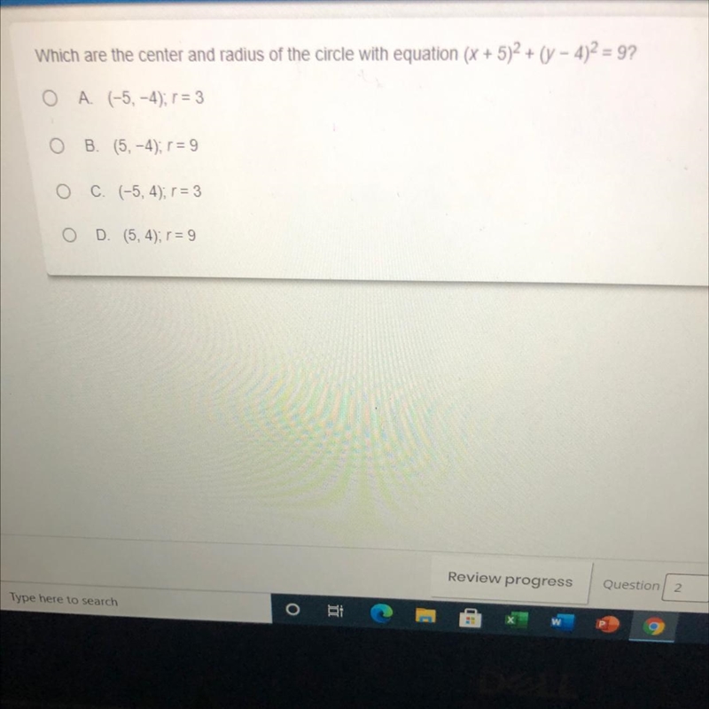 Which are the center and radius of the circle with equation (x+5)^2+ (y-4)^2= 9?-example-1