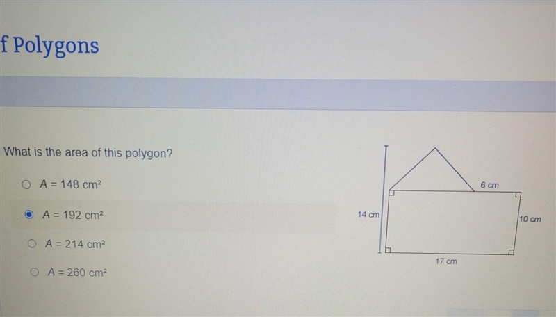 What is the area of this polygon? A=148cm² A=192cm² A=214cm² A=260cm²​-example-1