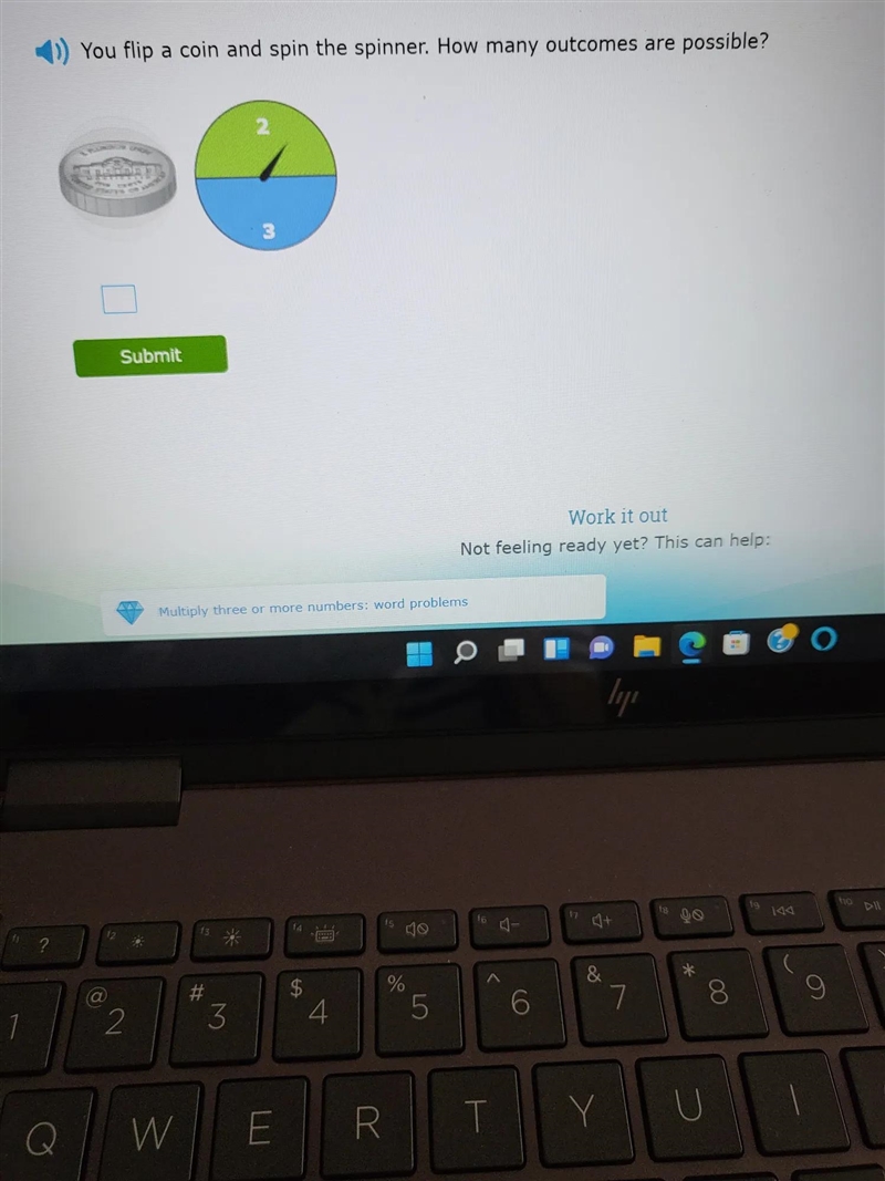 You flip a coin and spin the spinner. how many outcomes are possible with 2/3-example-1