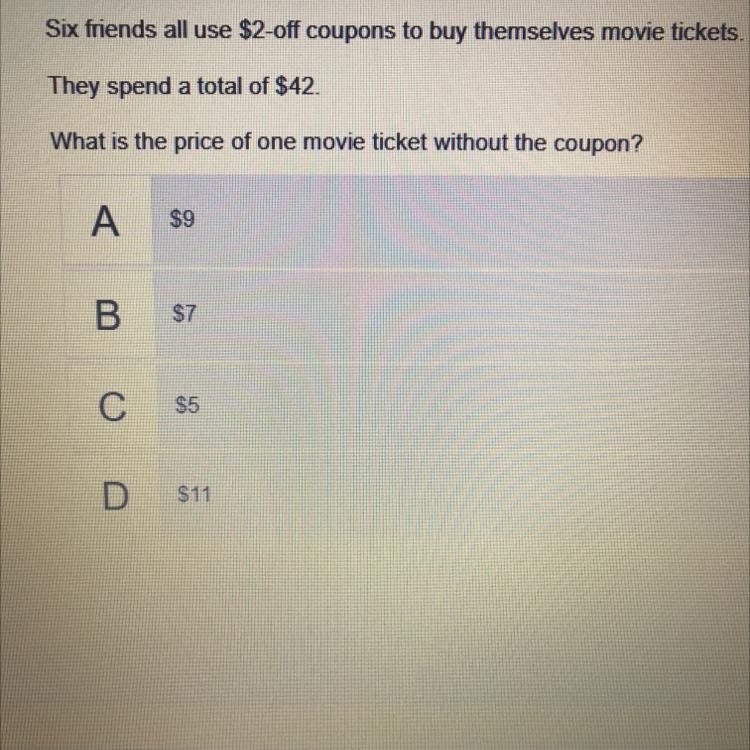 Six friends all use $2-off coupons to buy themselves movie tickets.They spend a total-example-1