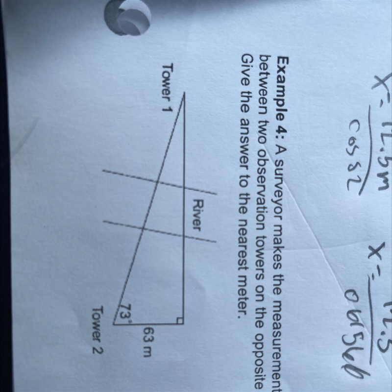 A surveyor makes a measurement shown in the diagram to find the distance between two-example-1