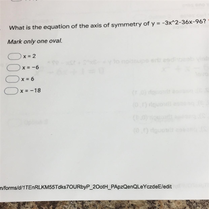 What is the equation of axis of symmetry of y=-3x^2-36x-96?1.X=22.X=-63.X=64.X=-18-example-1