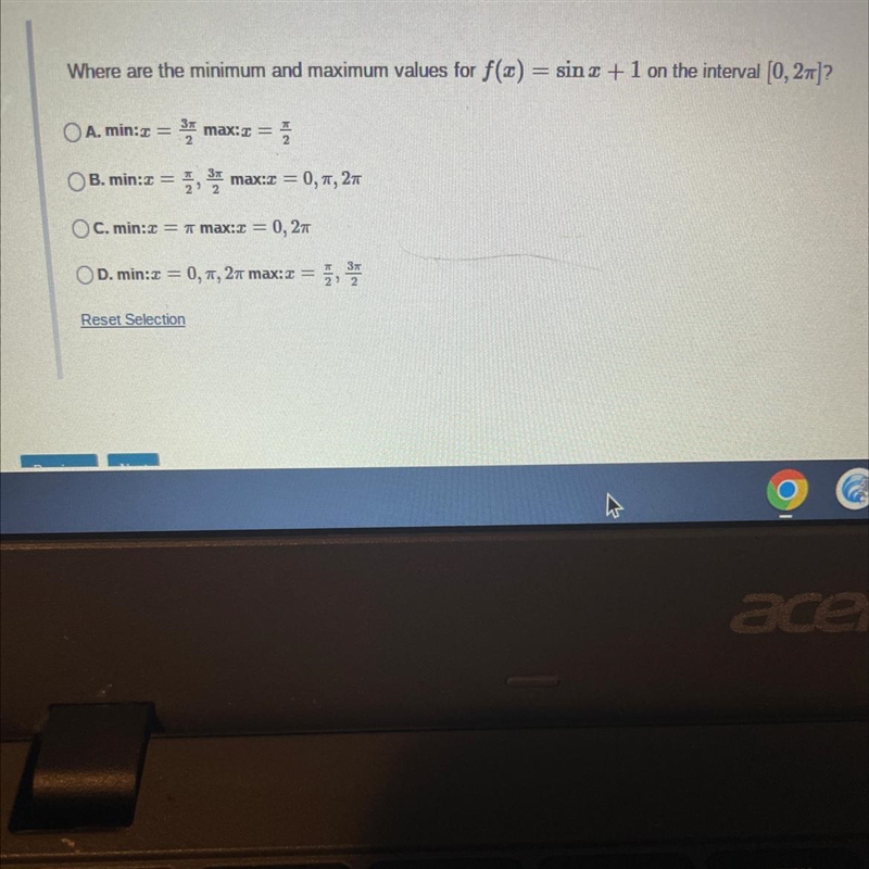 Where are the minimum and maximum values for f(x) = sin x + 1 on the interval [0, 2π]?A-example-1