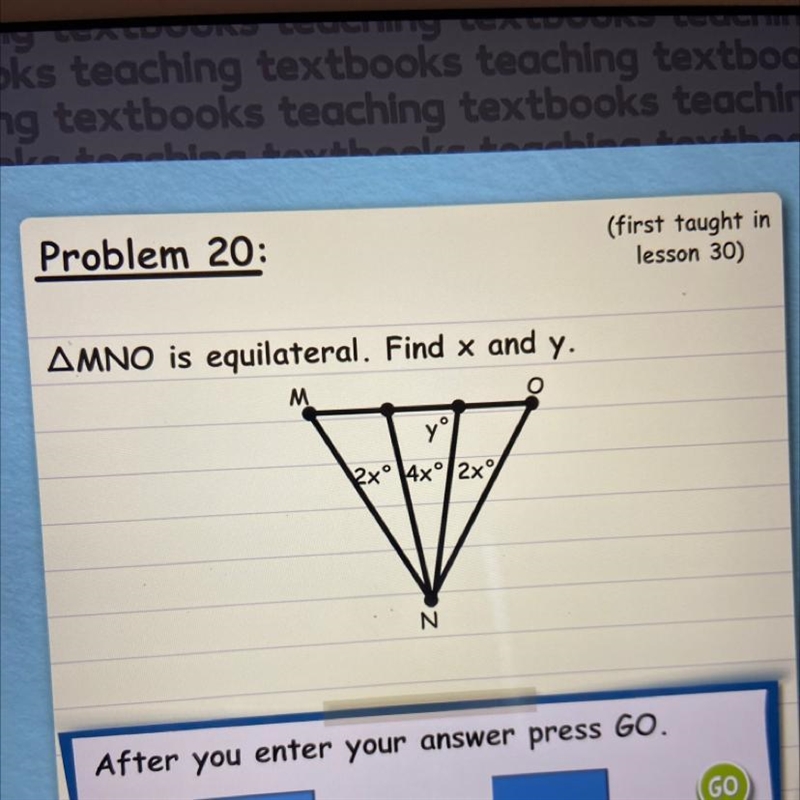 Triangle mno is equilateral. find x and y.-example-1