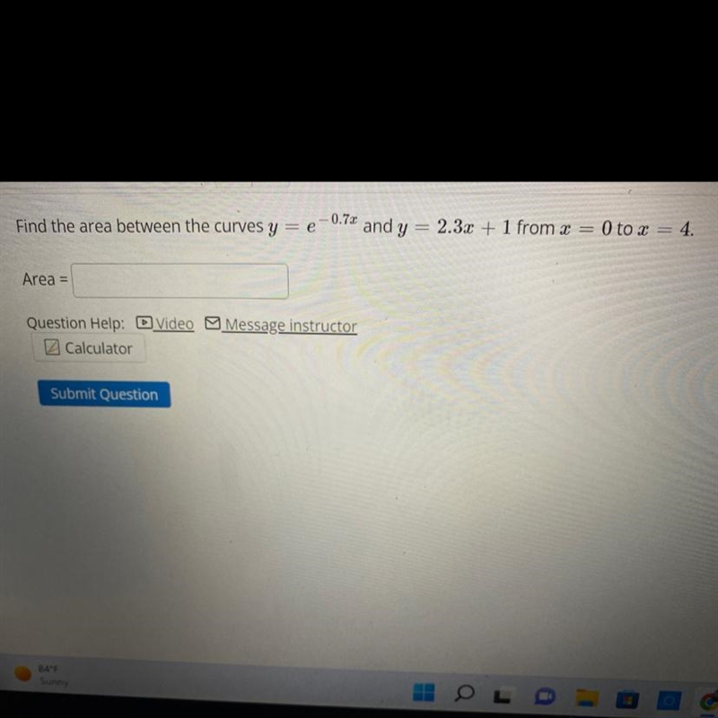 Find the area between the curves y = e ^ (- 0.7x) and y = 2.3x + 1 from x = 0 to x-example-1