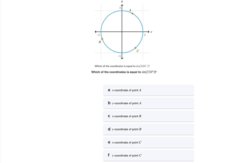 Points A, B, and C are plotted on the unit circle...Which of the coordinates is equal-example-1