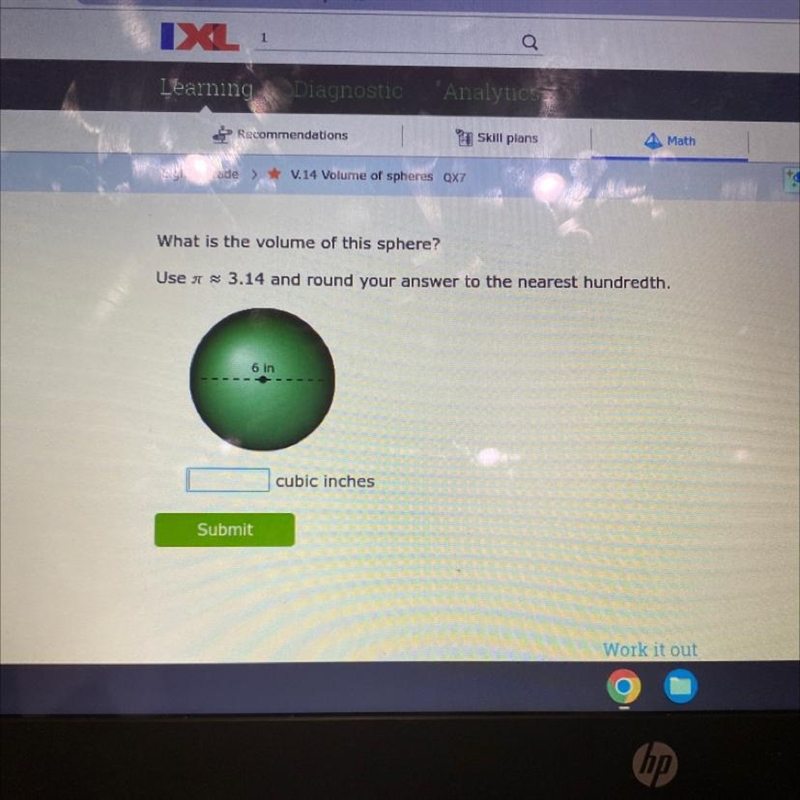 What is the volume of this sphere?Use3.14 and round your answer to the nearest hundredth-example-1