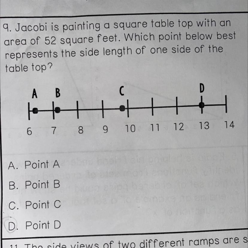 9. Jacobi is painting a square table top with anarea of 52 square feet. Which point-example-1