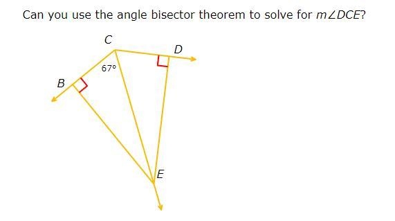 (quick) Can you use the angle bisector theorem to solve for m∠DCE?-example-1