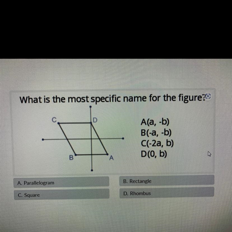 What is the most specific name for the figure? C A. Parallelogram C. Square B D A-example-1