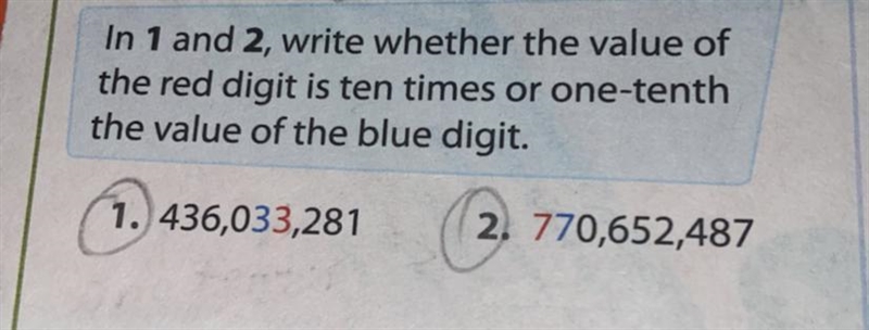 In 1 and 2, write whether the value of the red digit is ten times or one-tenth the-example-1