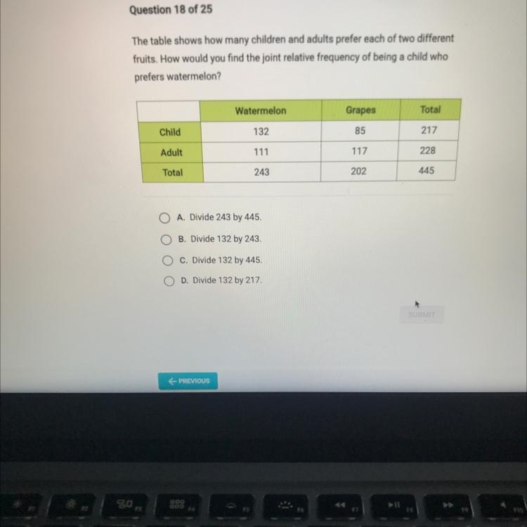 Question 18 of 25The table shows how many children and adults prefer each of two differentfruits-example-1