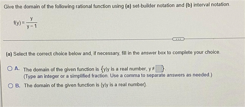 Give the domain of the following rational function using (a) set-builder notation-example-1