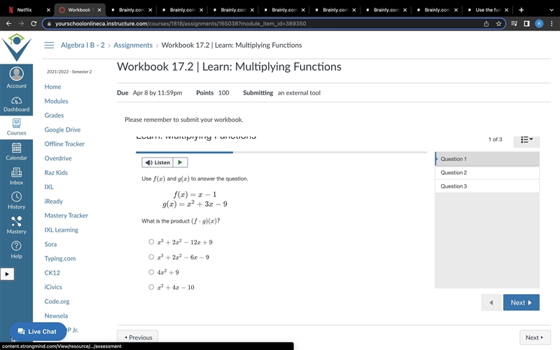 Use f(x) and g(x) to answer the question. f(x)=x−1g(x)=x2+3x−9 What is the product-example-1