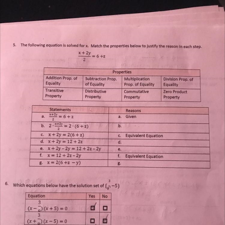 5.The following equation is solved for x. Match the properties below to justify the-example-1