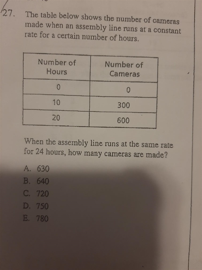 The table below shows the number of cameras made when an assembly line runs at a constant-example-1