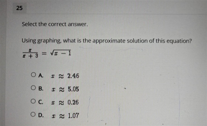 using graphing, what is the approximate solution of this equation? x/(x+3) = sqrt-example-1