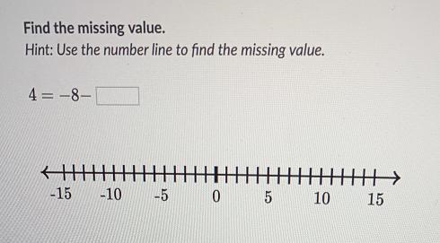 Find the missing value.Hint: Use the number line to find the missing value.4= -8--15-10-5051015-example-1