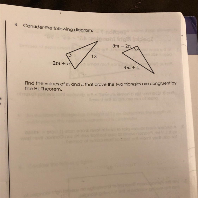 Find the value of m and n that prove the two triangles are congruent by the HL theorem-example-1