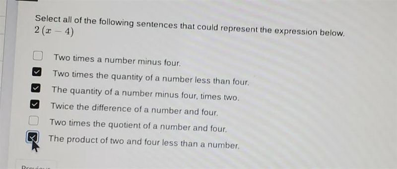 Select all of the following sentences that could represent the expression below.2(x-example-1