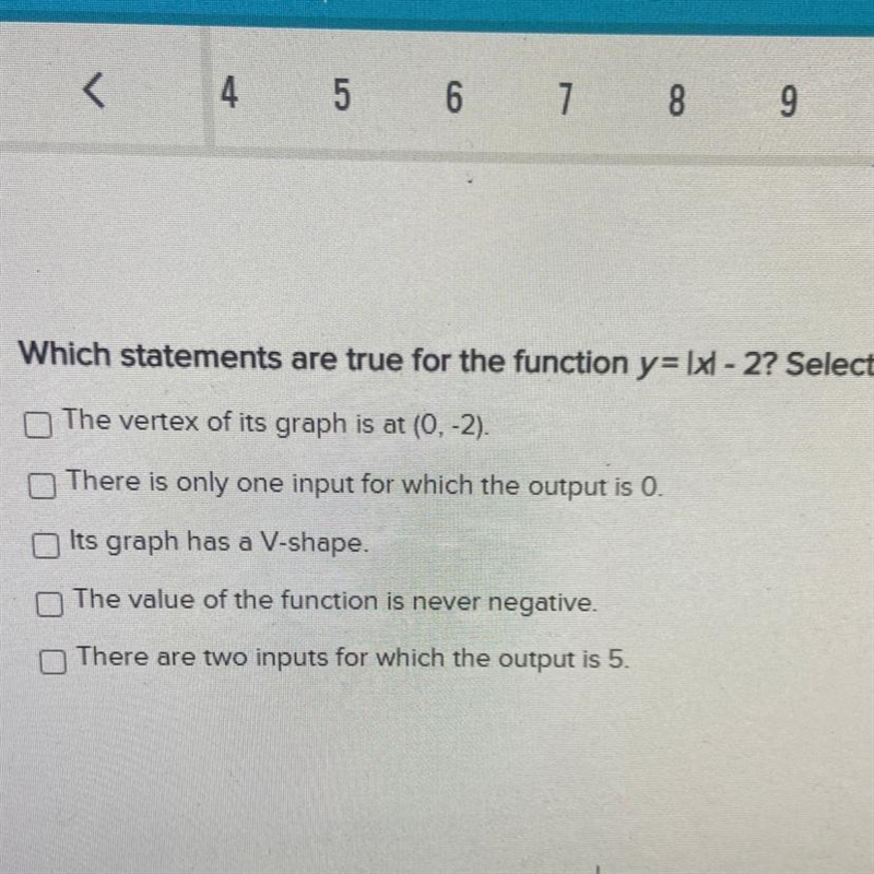 Which statements are true for the function y=Ixl -2?-example-1