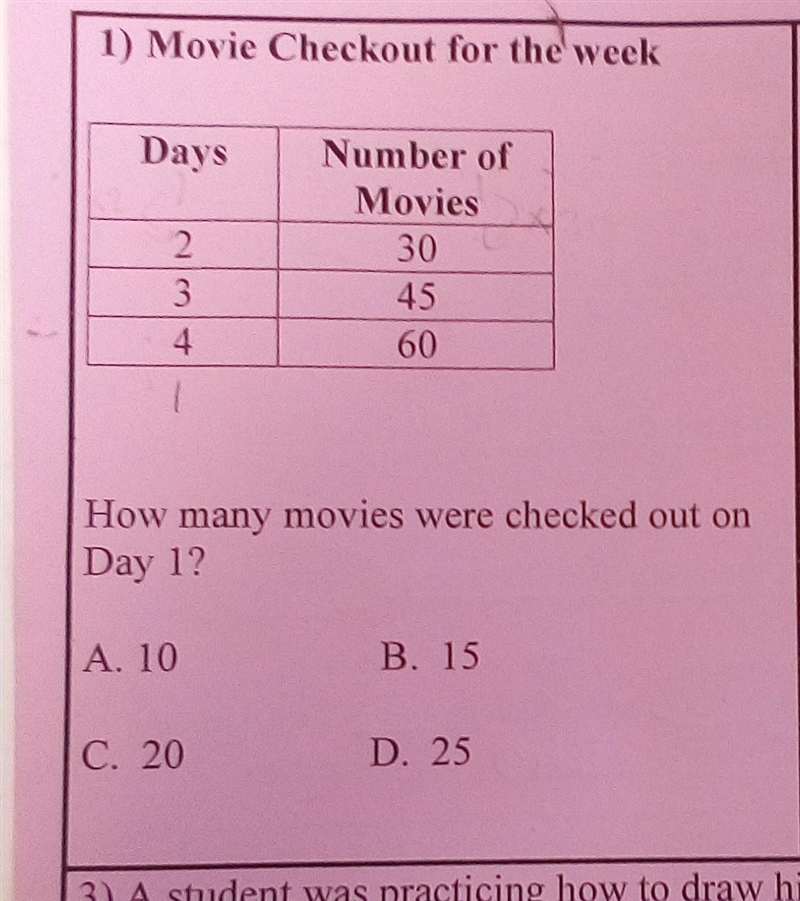 1) Movie Checkout for the week Days 2 3 4 A. 10 How many movies were checked out on-example-1