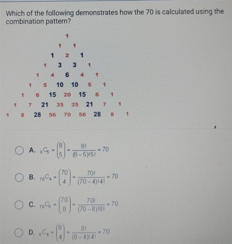 Which of the following demonstrates how the 70 is calculated using the combination-example-1