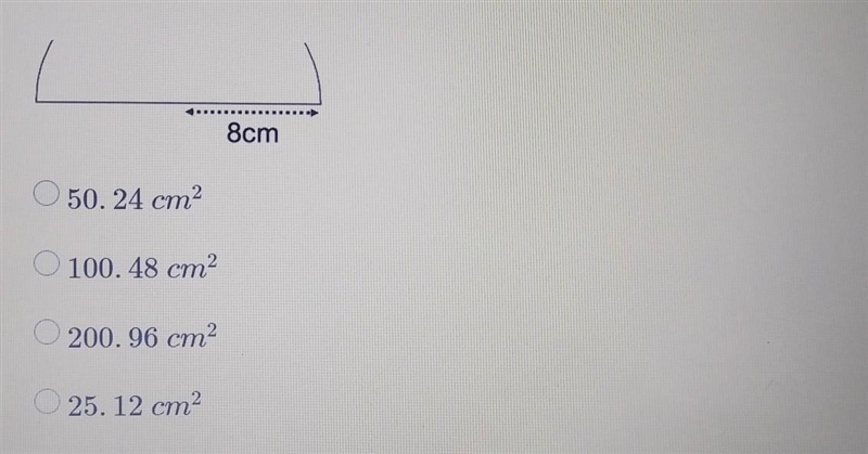 This semicircle has a radius of 8cm . What is the area of this figure?​-example-1