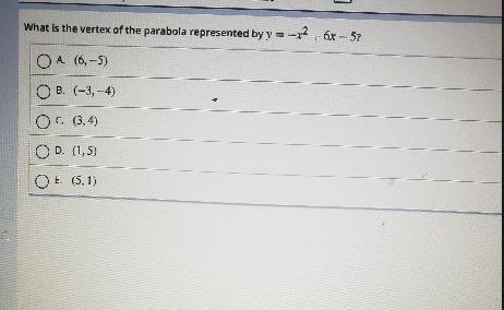 What is the vertex of the parabola represented by y=-p2 + 6x – 5? A. (6,-5) OB. (-3,-4) C-example-1