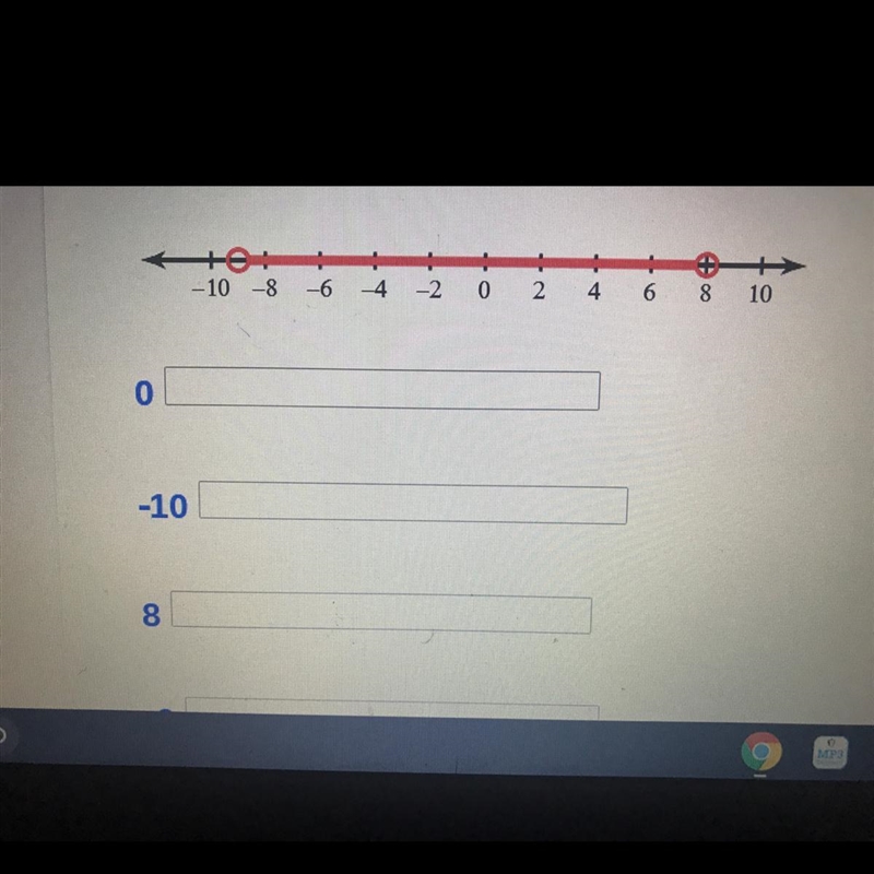 Use the number line to determine if each number is a solution and type YES or NO . 0 = -10 = 8 = -9 =9 =5 =And-example-1