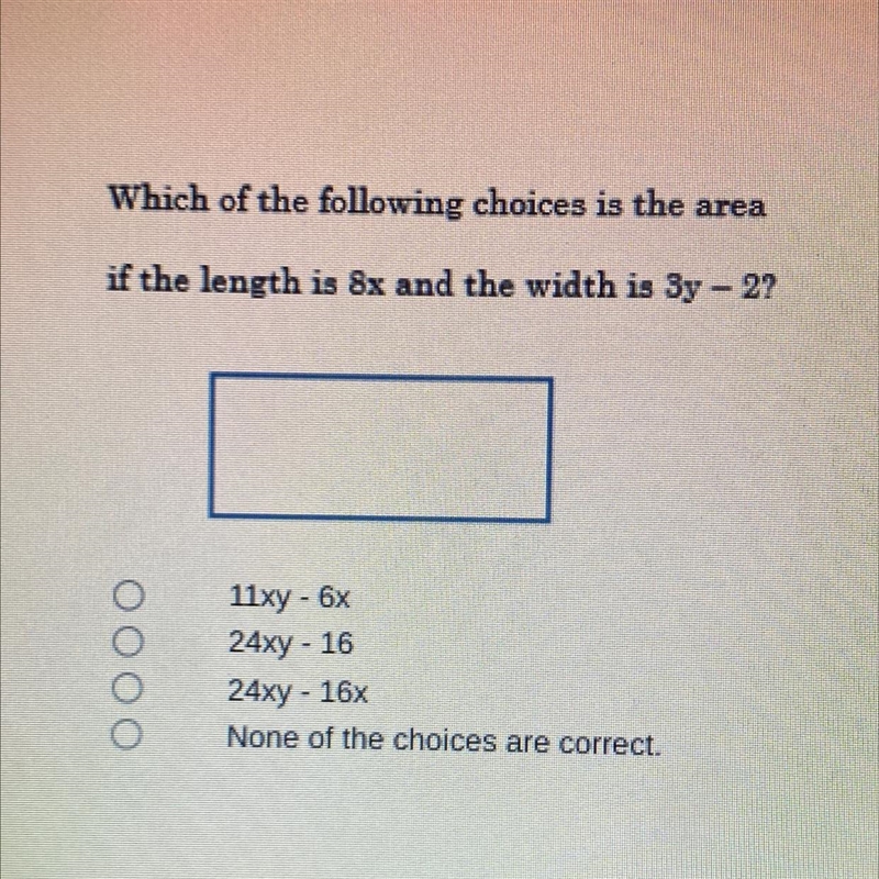 PLEASE HELP! which of the following choices is the area if the length is 8x and the-example-1