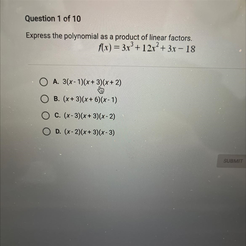 Question 1 of 10Express the polynomial as a product of linear factors.f(x) = 3x³ + 12x-example-1