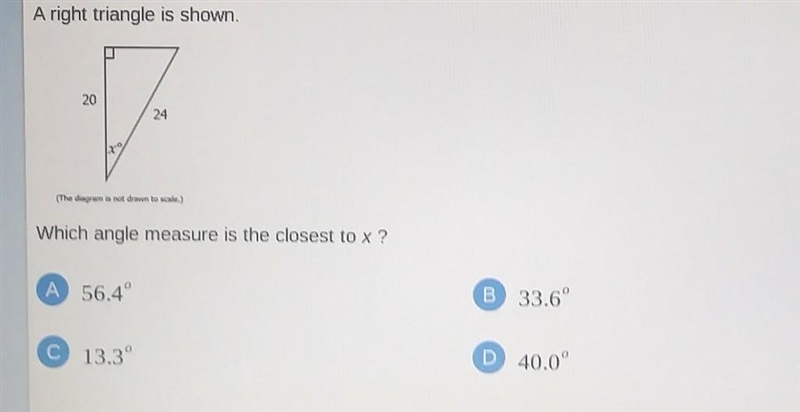 A right triangle is shown.Which angle measure is the closest to x ?-example-1