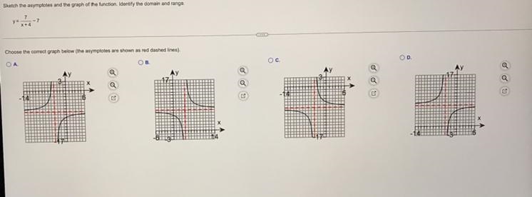 Sketch the asymptotes and the graph of the function. Identify the domain and range-example-1