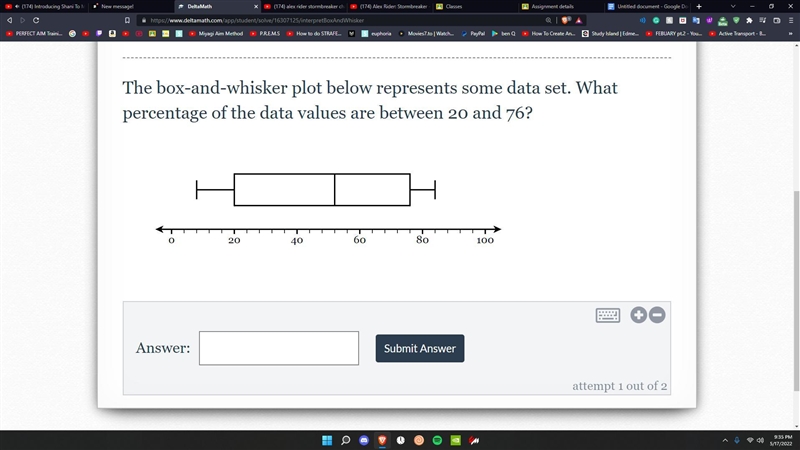 The box-and-whisker plot below represents some data set. What percentage of the data-example-1