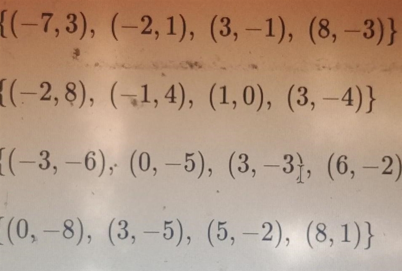 Which set of ordered pairs (x,y) could represent a linear function?A. {(-7,3), (-2,1), (3,-1), (8,-3)}B-example-1